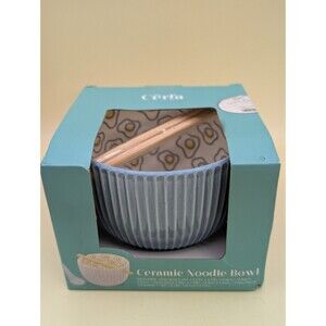 Cerra Ceramic Noodle Bowl Set Blue Ribbed Eggs Ramen Pho Chopsticks Spoon NIB